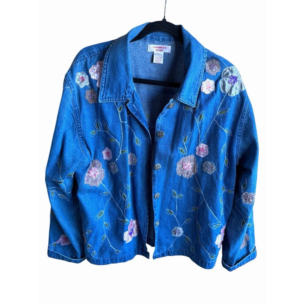 Vtg Chadwicks Denim Jacket LARGE Floral Applique Lurex Embroidered 90s Art